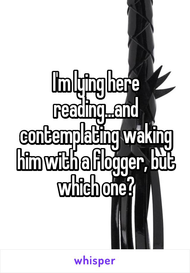 I'm lying here reading...and contemplating waking him with a flogger, but which one?