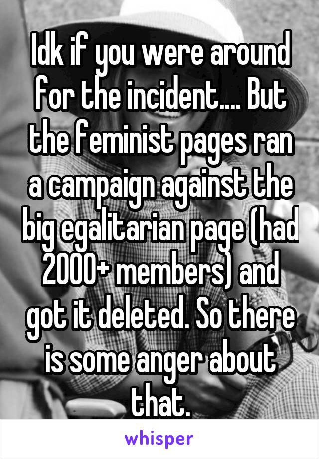 Idk if you were around for the incident.... But the feminist pages ran a campaign against the big egalitarian page (had 2000+ members) and got it deleted. So there is some anger about that.