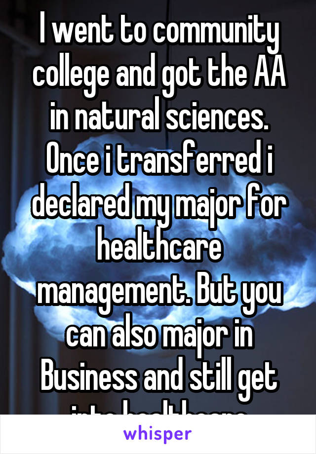 I went to community college and got the AA in natural sciences. Once i transferred i declared my major for healthcare management. But you can also major in Business and still get into healthcare