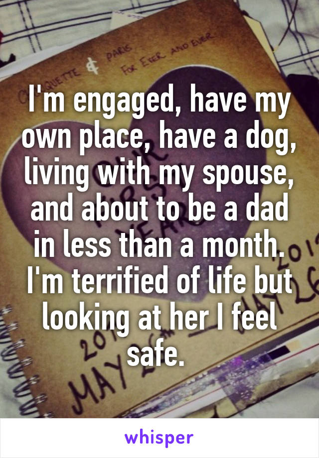 I'm engaged, have my own place, have a dog, living with my spouse, and about to be a dad in less than a month. I'm terrified of life but looking at her I feel safe. 