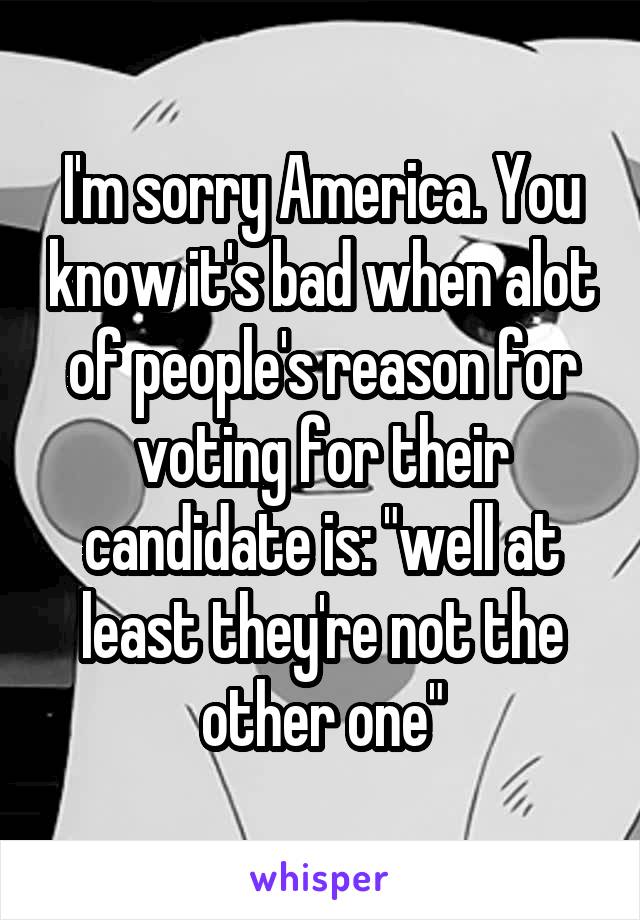 I'm sorry America. You know it's bad when alot of people's reason for voting for their candidate is: "well at least they're not the other one"