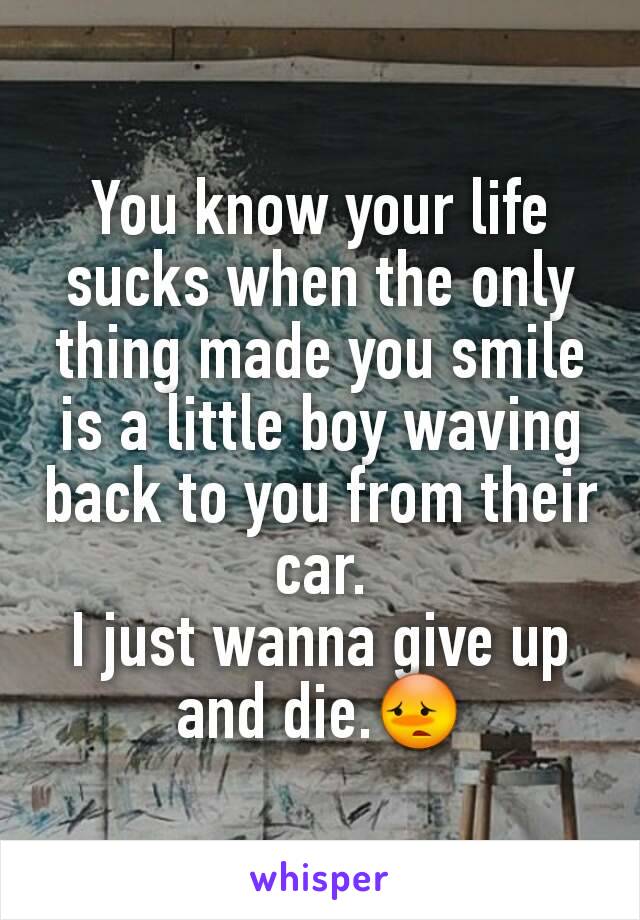 You know your life sucks when the only thing made you smile is a little boy waving back to you from their car.
I just wanna give up and die.😳