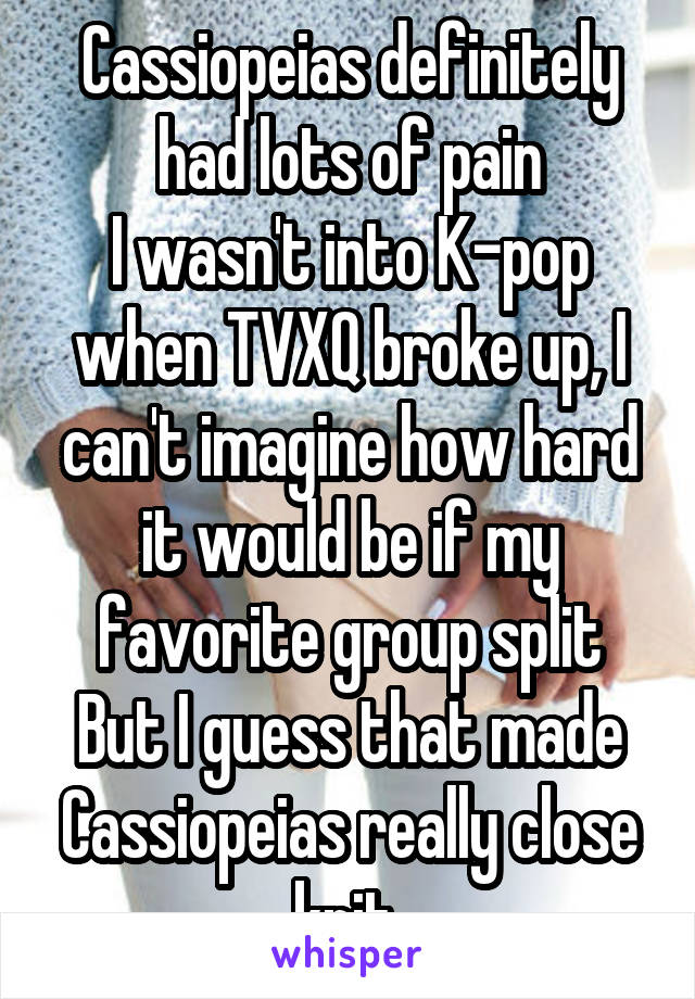 Cassiopeias definitely had lots of pain
I wasn't into K-pop when TVXQ broke up, I can't imagine how hard it would be if my favorite group split
But I guess that made Cassiopeias really close knit 