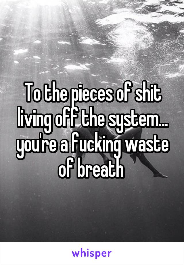 To the pieces of shit living off the system... you're a fucking waste of breath 