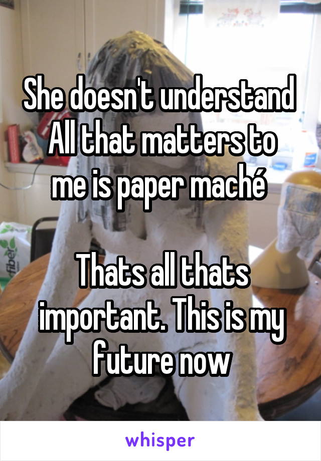 She doesn't understand 
All that matters to me is paper maché 

Thats all thats important. This is my future now