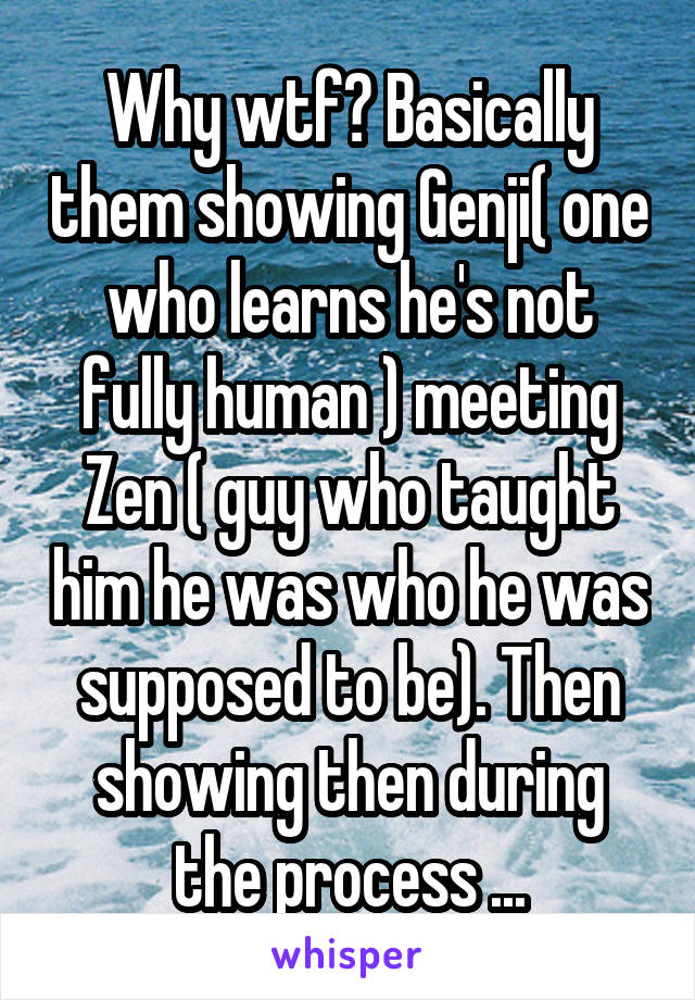 Why wtf? Basically them showing Genji( one who learns he's not fully human ) meeting Zen ( guy who taught him he was who he was supposed to be). Then showing then during the process ...