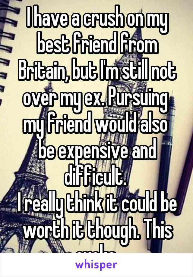 I have a crush on my best friend from Britain, but I'm still not over my ex. Pursuing  my friend would also 
be expensive and difficult. 
I really think it could be worth it though. This sucks.