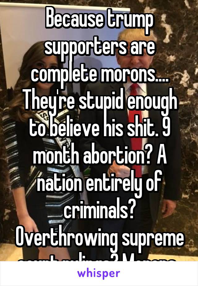 Because trump supporters are complete morons.... They're stupid enough to believe his shit. 9 month abortion? A nation entirely of criminals? Overthrowing supreme court rulings? Morons..