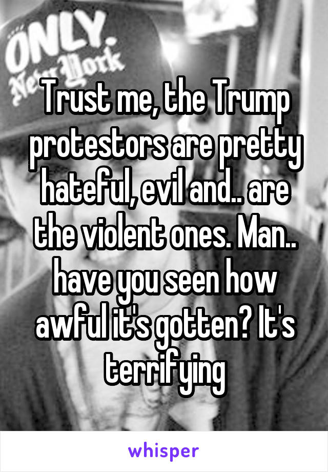 Trust me, the Trump protestors are pretty hateful, evil and.. are the violent ones. Man.. have you seen how awful it's gotten? It's terrifying