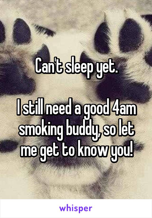Can't sleep yet.

I still need a good 4am smoking buddy, so let me get to know you!