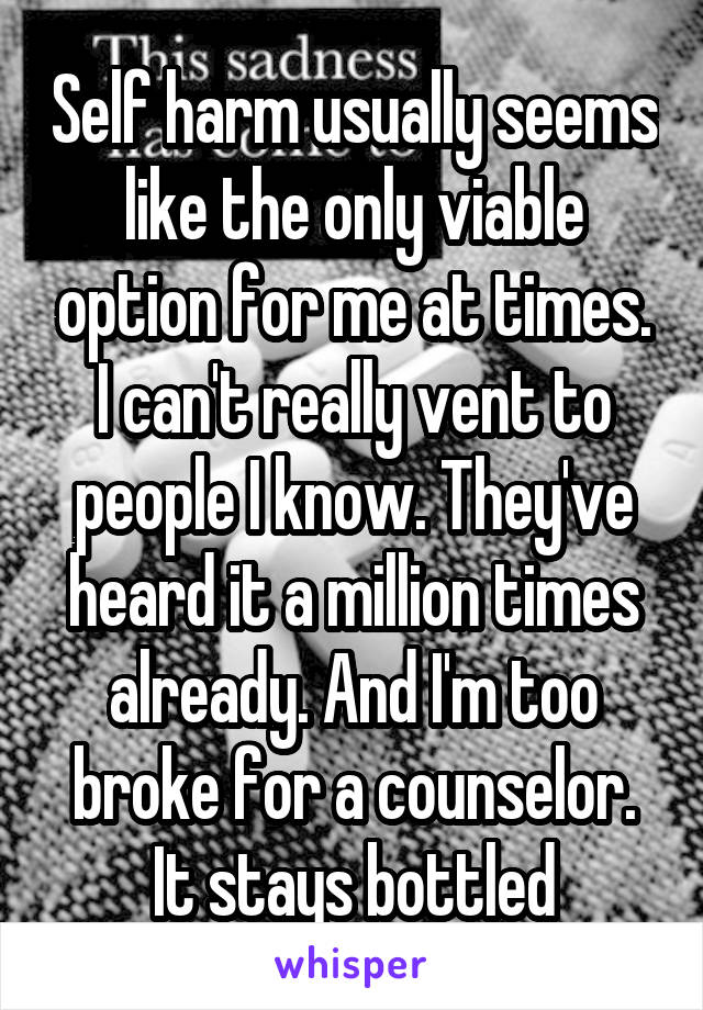 Self harm usually seems like the only viable option for me at times. I can't really vent to people I know. They've heard it a million times already. And I'm too broke for a counselor. It stays bottled