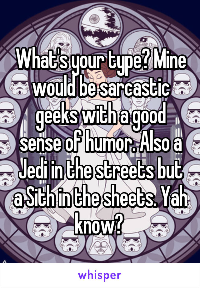 What's your type? Mine would be sarcastic geeks with a good sense of humor. Also a Jedi in the streets but a Sith in the sheets. Yah know? 