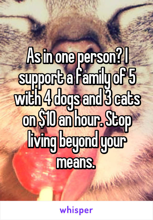 As in one person? I support a family of 5 with 4 dogs and 3 cats on $10 an hour. Stop living beyond your means. 
