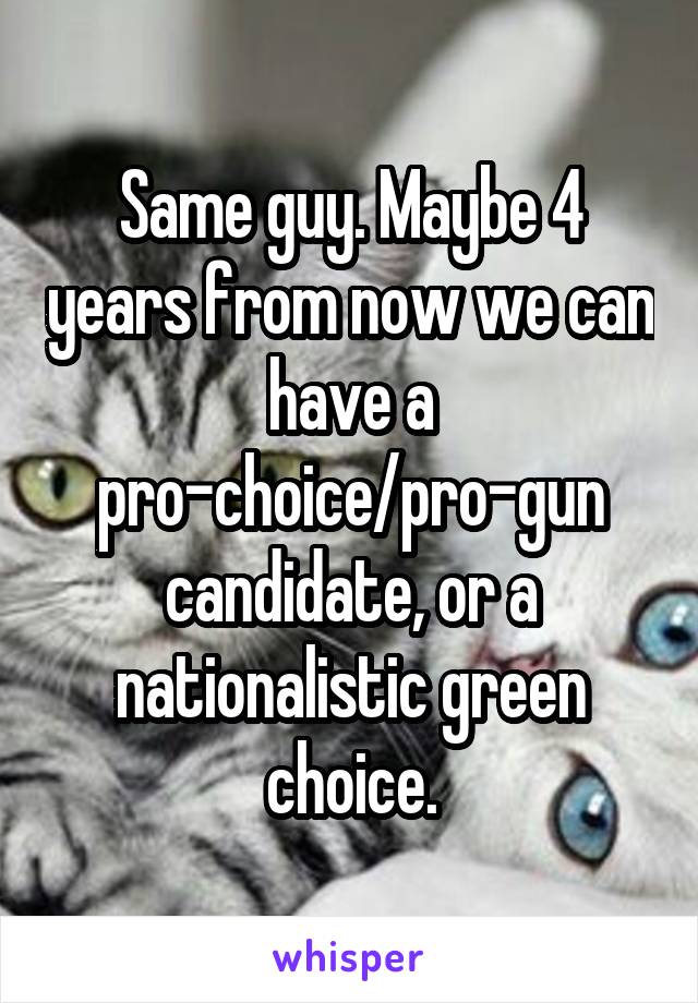 Same guy. Maybe 4 years from now we can have a pro-choice/pro-gun candidate, or a nationalistic green choice.