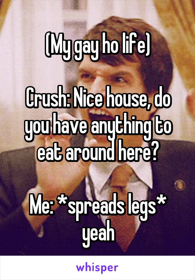 (My gay ho life)

Crush: Nice house, do you have anything to eat around here?

Me: *spreads legs* yeah