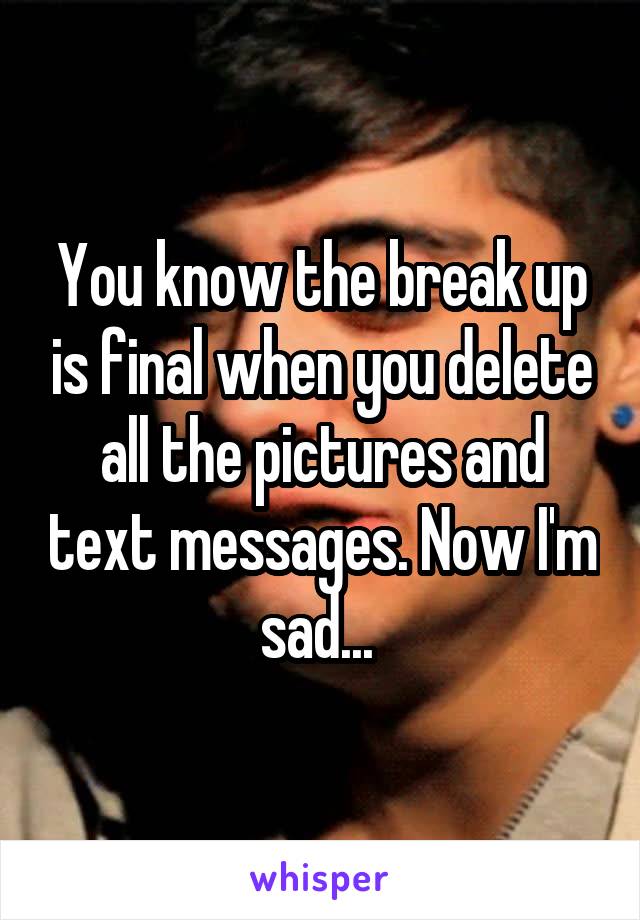 You know the break up is final when you delete all the pictures and text messages. Now I'm sad... 