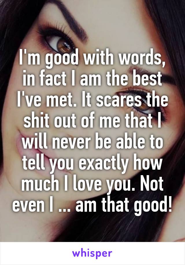 I'm good with words, in fact I am the best I've met. It scares the shit out of me that I will never be able to tell you exactly how much I love you. Not even I ... am that good!