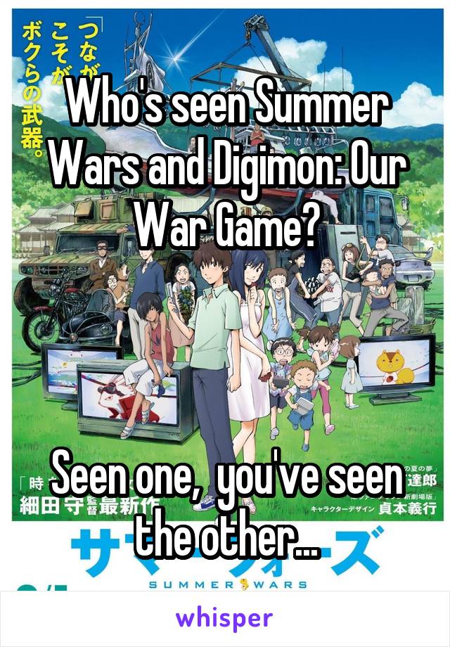 Who's seen Summer Wars and Digimon: Our War Game?



Seen one,  you've seen the other...