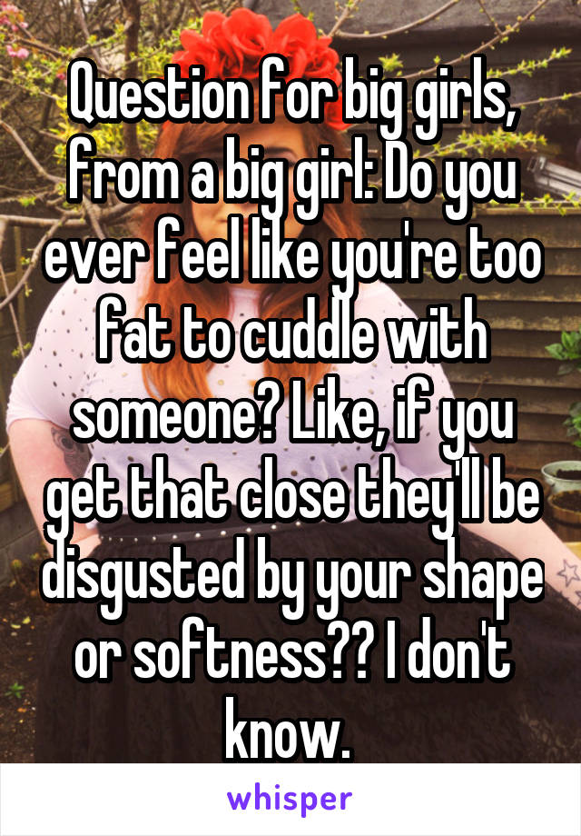 Question for big girls, from a big girl: Do you ever feel like you're too fat to cuddle with someone? Like, if you get that close they'll be disgusted by your shape or softness?? I don't know. 