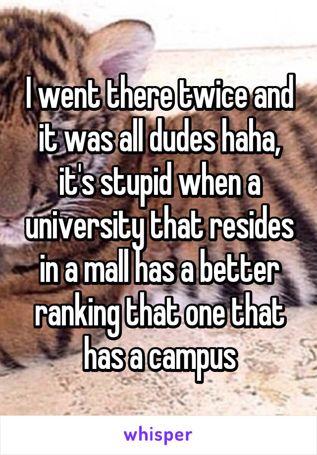 I went there twice and it was all dudes haha, it's stupid when a university that resides in a mall has a better ranking that one that has a campus