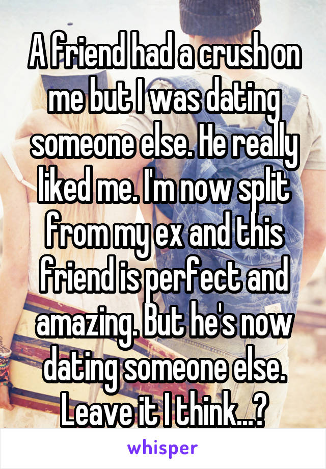A friend had a crush on me but I was dating someone else. He really liked me. I'm now split from my ex and this friend is perfect and amazing. But he's now dating someone else. Leave it I think...?