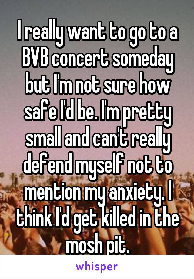 I really want to go to a BVB concert someday but I'm not sure how safe I'd be. I'm pretty small and can't really defend myself not to mention my anxiety. I think I'd get killed in the mosh pit.