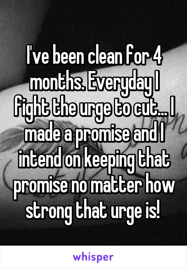 I've been clean for 4 months. Everyday I fight the urge to cut... I made a promise and I intend on keeping that promise no matter how strong that urge is! 