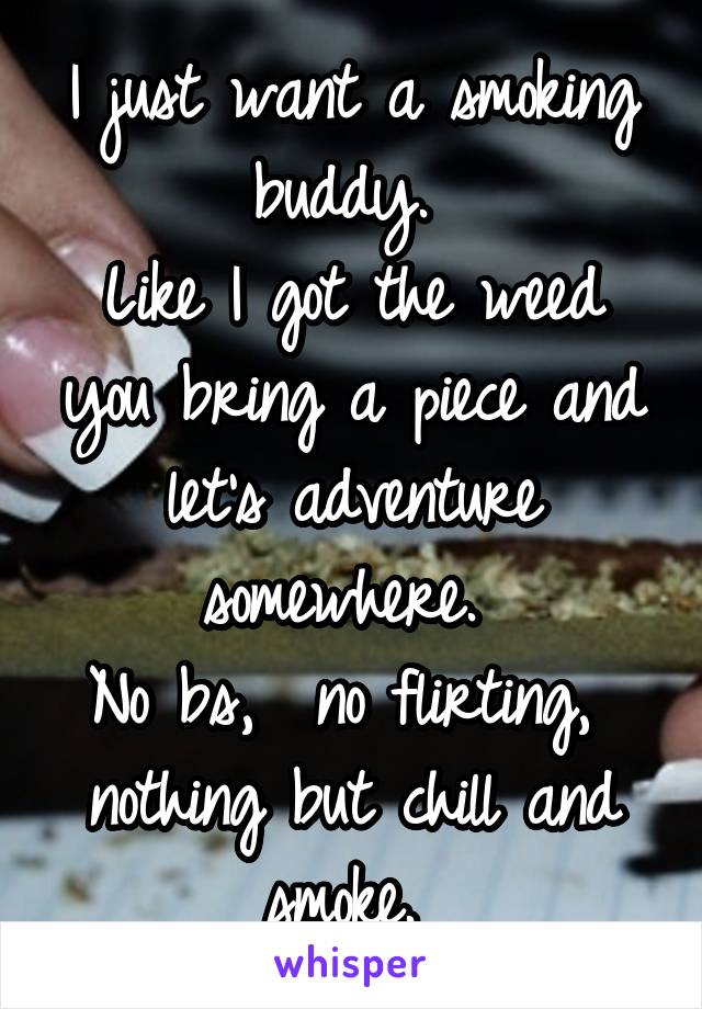 I just want a smoking buddy. 
Like I got the weed you bring a piece and let's adventure somewhere. 
No bs,  no flirting,  nothing but chill and smoke. 