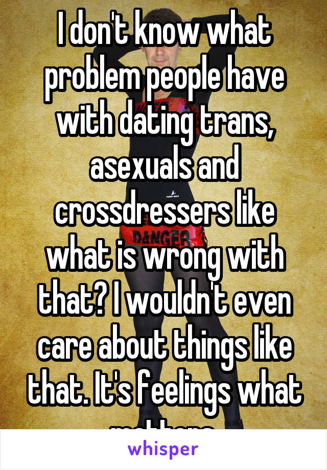 I don't know what problem people have with dating trans, asexuals and crossdressers like what is wrong with that? I wouldn't even care about things like that. It's feelings what matters.