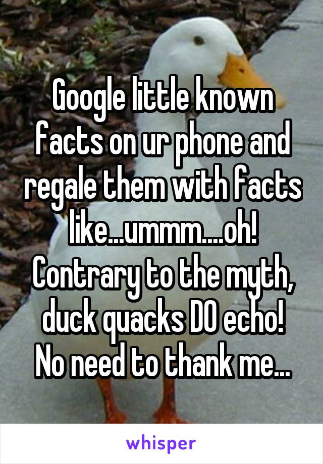 Google little known facts on ur phone and regale them with facts like...ummm....oh! Contrary to the myth, duck quacks DO echo!
No need to thank me...