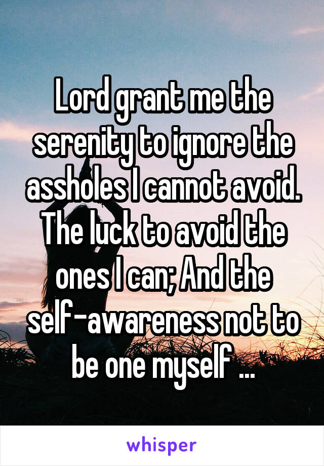 Lord grant me the serenity to ignore the assholes I cannot avoid. The luck to avoid the ones I can; And the self-awareness not to be one myself ...