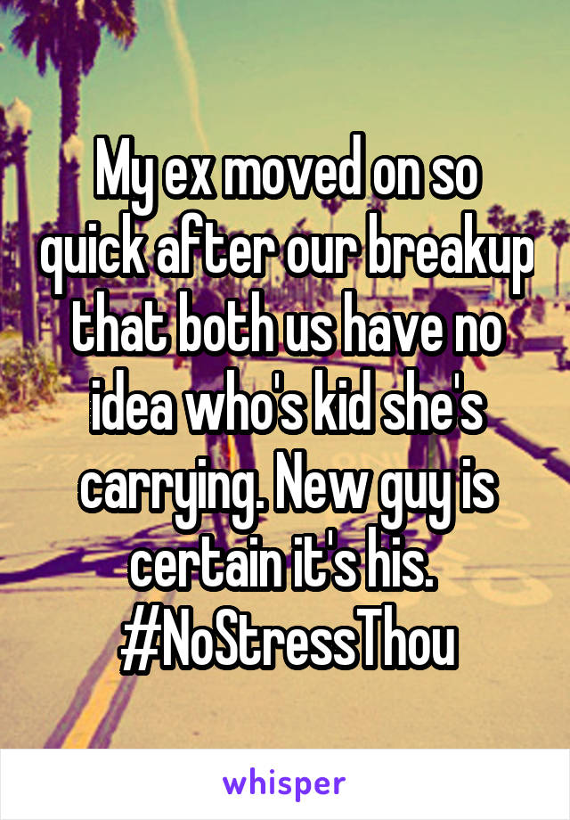 My ex moved on so quick after our breakup that both us have no idea who's kid she's carrying. New guy is certain it's his. 
#NoStressThou