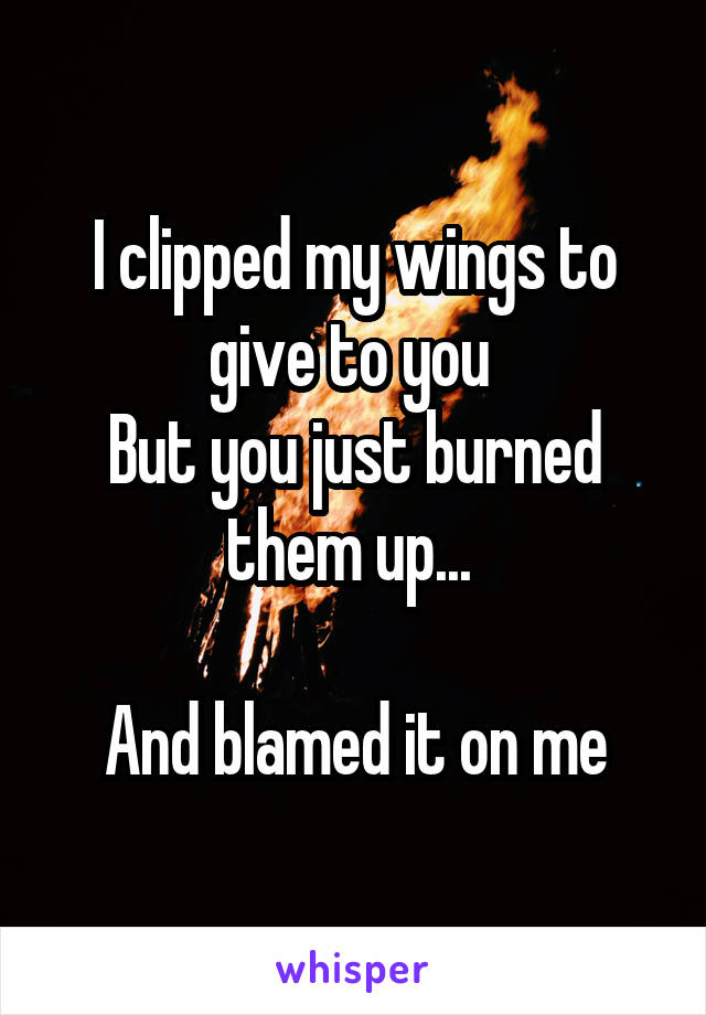 I clipped my wings to give to you 
But you just burned them up... 

And blamed it on me