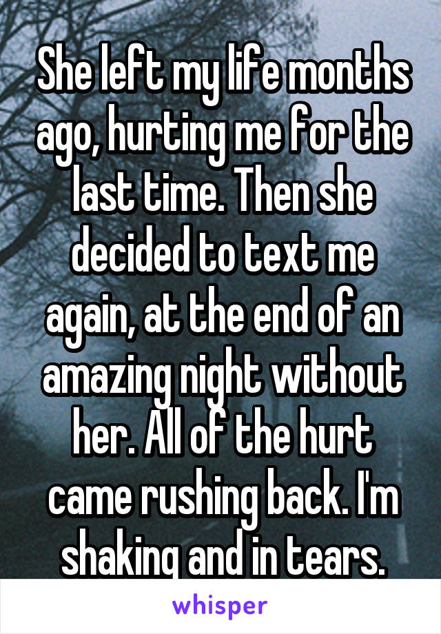 She left my life months ago, hurting me for the last time. Then she decided to text me again, at the end of an amazing night without her. All of the hurt came rushing back. I'm shaking and in tears.