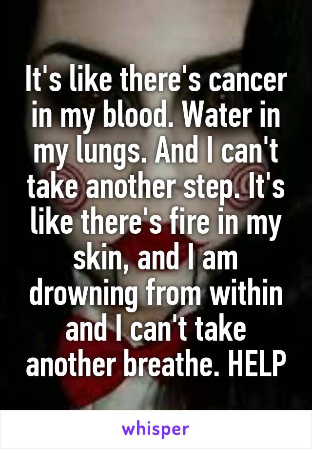 It's like there's cancer in my blood. Water in my lungs. And I can't take another step. It's like there's fire in my skin, and I am drowning from within and I can't take another breathe. HELP