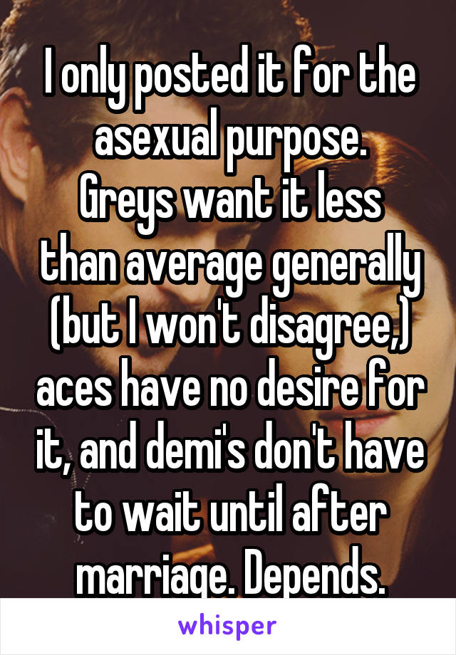 I only posted it for the asexual purpose.
Greys want it less than average generally (but I won't disagree,) aces have no desire for it, and demi's don't have to wait until after marriage. Depends.