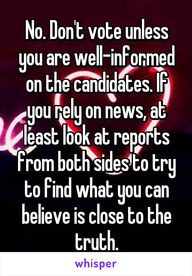 No. Don't vote unless you are well-informed on the candidates. If you rely on news, at least look at reports from both sides to try to find what you can believe is close to the truth.