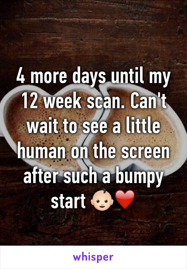 4 more days until my 12 week scan. Can't wait to see a little human on the screen after such a bumpy start 👶🏻❤️