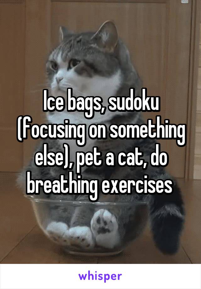 Ice bags, sudoku (focusing on something else), pet a cat, do breathing exercises 