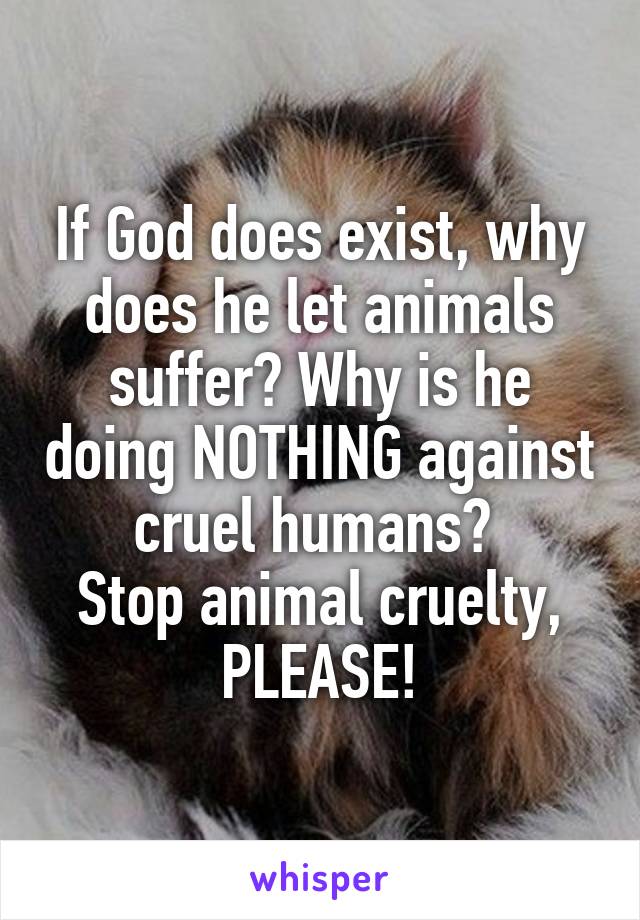 If God does exist, why does he let animals suffer? Why is he doing NOTHING against cruel humans? 
Stop animal cruelty, PLEASE!