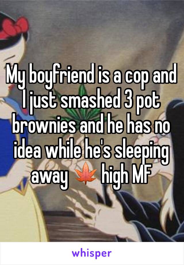 My boyfriend is a cop and I just smashed 3 pot brownies and he has no idea while he's sleeping away 🍁 high MF 