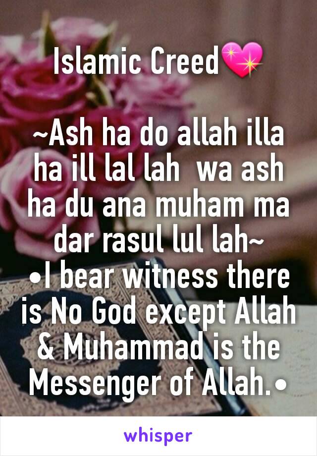 Islamic Creed💖

~Ash ha do allah illa ha ill lal lah  wa ash ha du ana muham ma dar rasul lul lah~
•I bear witness there is No God except Allah & Muhammad is the Messenger of Allah.•