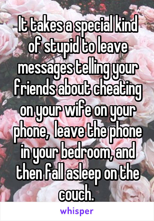 It takes a special kind of stupid to leave messages telling your friends about cheating on your wife on your phone,  leave the phone in your bedroom, and then fall asleep on the couch. 