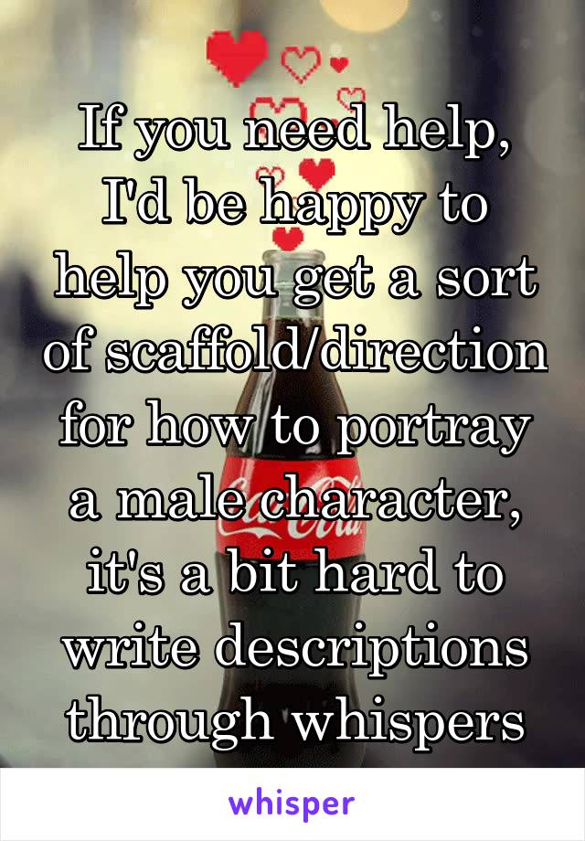 If you need help, I'd be happy to help you get a sort of scaffold/direction for how to portray a male character, it's a bit hard to write descriptions through whispers