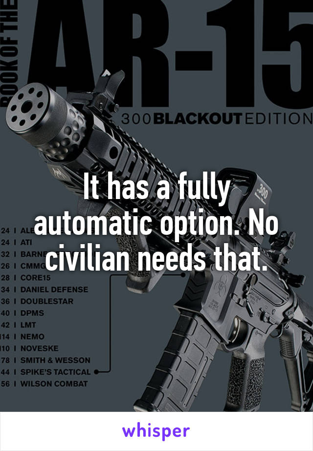 It has a fully automatic option. No civilian needs that.