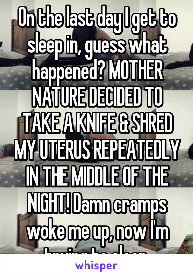 On the last day I get to sleep in, guess what happened? MOTHER NATURE DECIDED TO TAKE A KNIFE & SHRED MY UTERUS REPEATEDLY IN THE MIDDLE OF THE NIGHT! Damn cramps woke me up, now I'm trying to sleep.