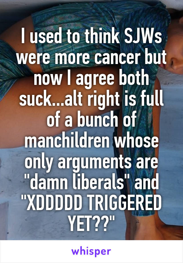 I used to think SJWs were more cancer but now I agree both suck...alt right is full of a bunch of manchildren whose only arguments are "damn liberals" and "XDDDDD TRIGGERED YET??"