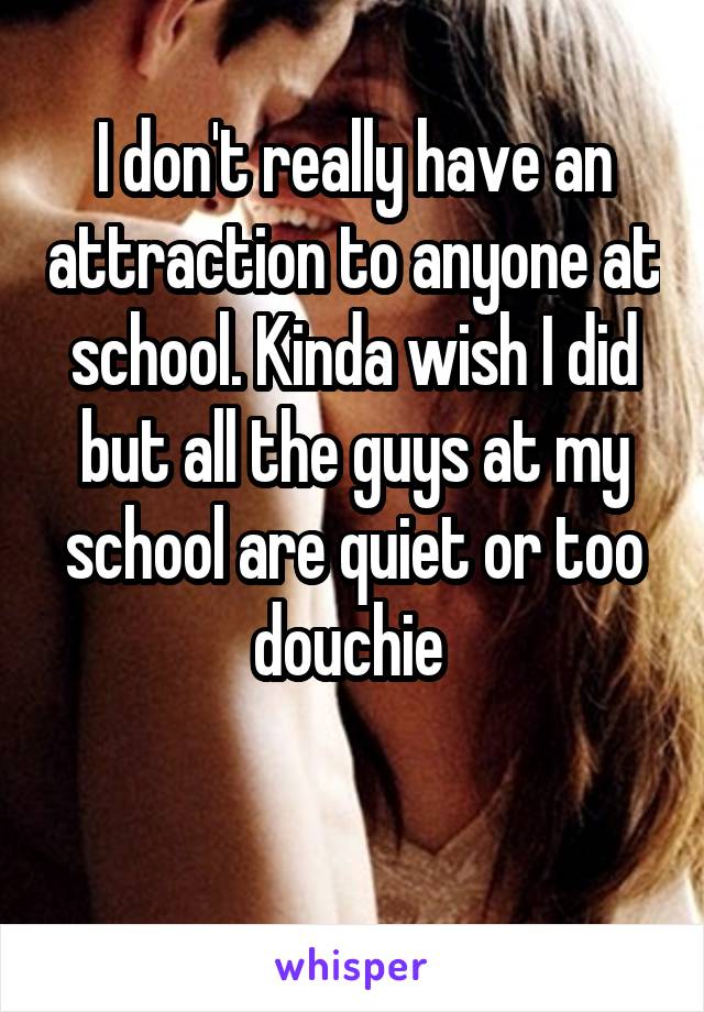I don't really have an attraction to anyone at school. Kinda wish I did but all the guys at my school are quiet or too douchie 

