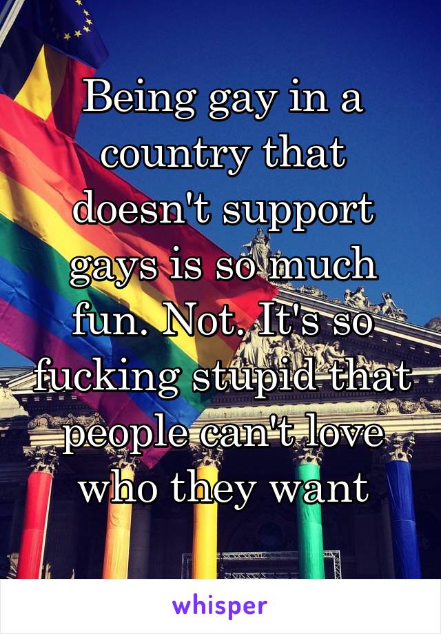 Being gay in a country that doesn't support gays is so much fun. Not. It's so fucking stupid that people can't love who they want
