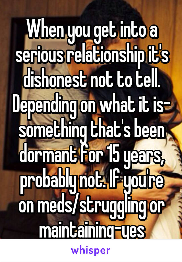 When you get into a serious relationship it's dishonest not to tell. Depending on what it is- something that's been dormant for 15 years, probably not. If you're on meds/struggling or maintaining-yes
